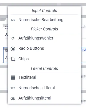 Screenshot: Auswahlmenü der Steuerelemente mit den Picker Controls Aufzählungswähler, Radio Buttons und Chips