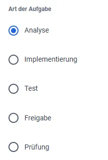 Screenshot: Fertiges Feld „Art der Aufgabe" als Radio-Button-Auswahl im Matrix42 Dialog