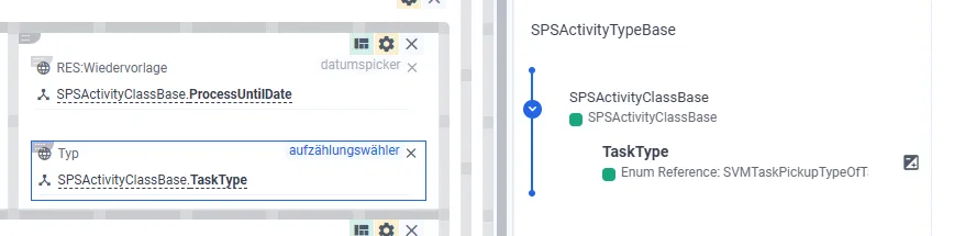 Screenshot: Layout-Editor mit ausgewähltem Feld SPSActivityClassBase.TaskType und der zugehörigen Enumeration