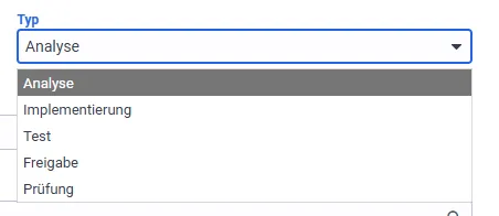 Screenshot: Standard-Dropdown „Typ" mit aufgeklappter Optionsliste in einem Matrix42 Dialog