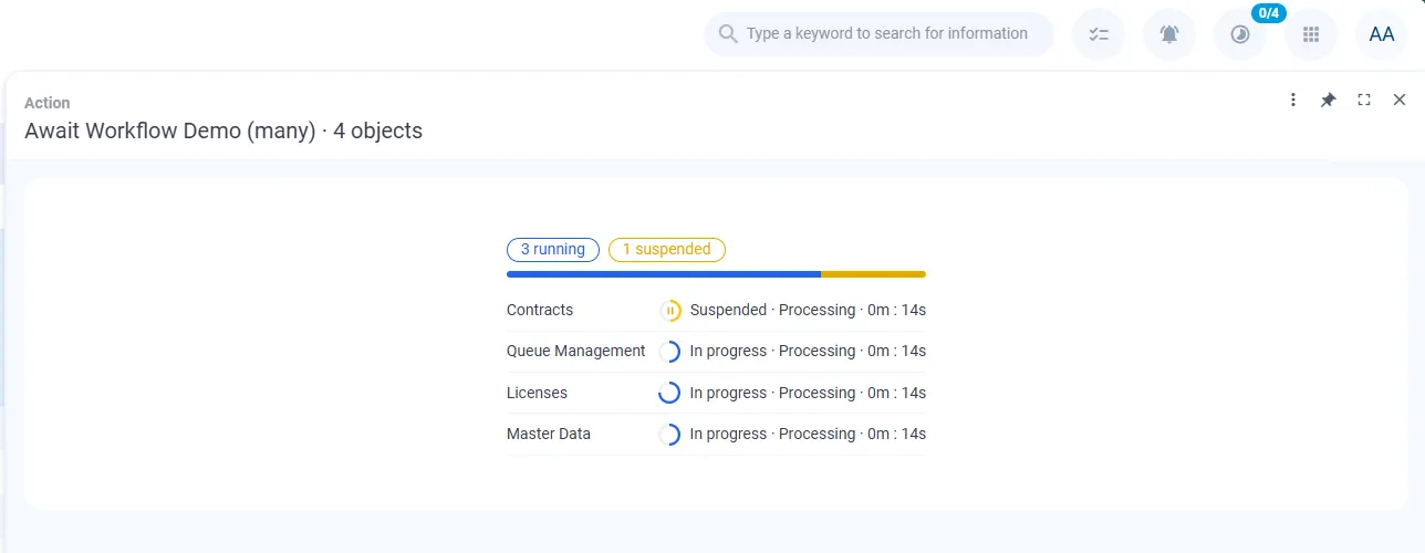 Screenshot: Listenfenster für vier Objekte. Oben die Zähler „3 running" und „1 suspended", darunter je Objekt eine Zeile mit Zustand, Schritt „Processing" und Dauer
