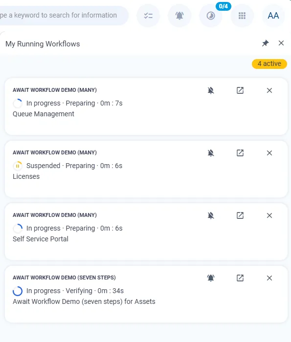 Screenshot: Liste „My Running Workflows" mit vier laufenden Workflows, je Zeile Glocke, Öffnen und Schließen