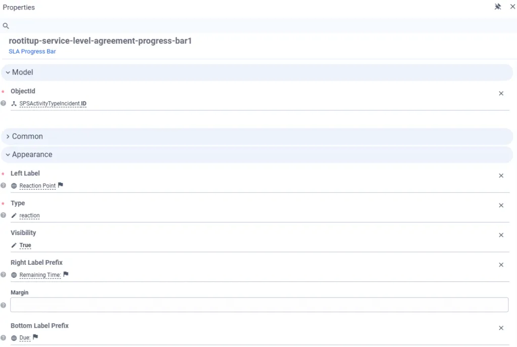 Screenshot: SLA Progress Bar Eigenschaftsfenster im Layout Designer mit Konfiguration für ObjectID, Type und Labels