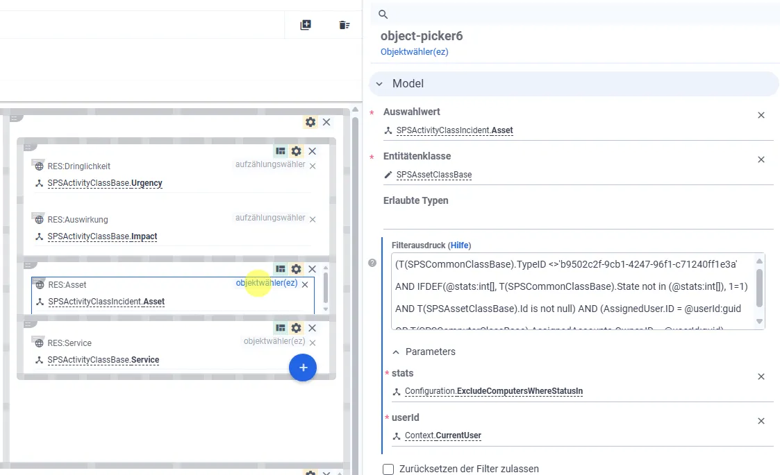 Screenshot: Matrix42 Layout Designer zeigt Objektwähler-Eigenschaften mit Auswahlwert, Entitätenklasse und ASQL-Filter im Eigenschaftsfenster