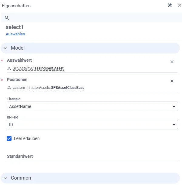 Screenshot: mx-select Control Konfiguration mit Auswahlwert, Positionen, Titelfeld und ID-Feld im Layout Designer