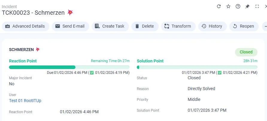 Screenshot: Zusammenfassung der visuellen Verbesserungen in der Matrix42 Incident-Ansicht mit SLA-Balken und Status-Chips