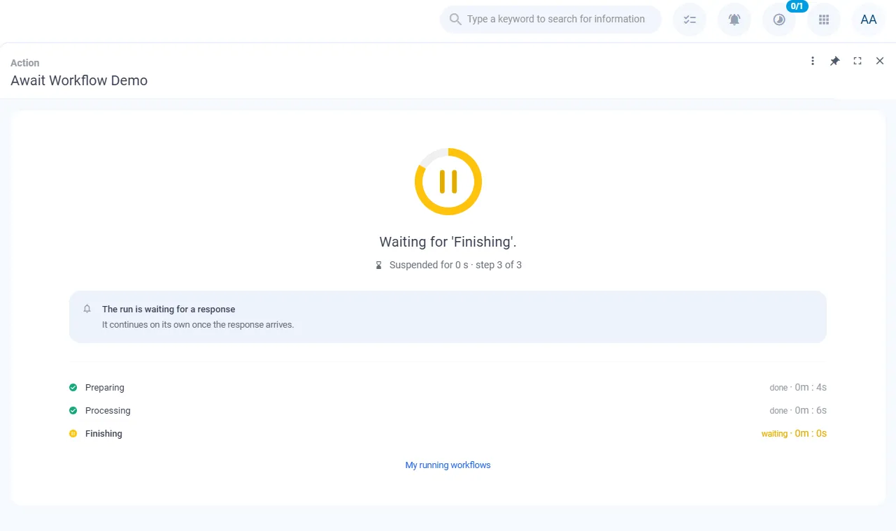 Screenshot: Zentriertes Tracking-Fenster mit gelbem Statusring, Kopfzeile „Waiting for 'Finishing'", Hinweis auf die ausstehende Rückmeldung und der Schrittliste mit zwei erledigten Schritten