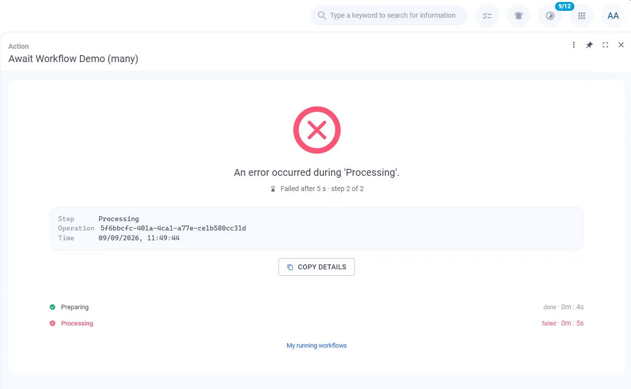Screenshot: Fehlgeschlagener Workflow mit rotem Statusring, Kopfzeile „An error occurred during 'Processing'", Detailblock mit Schritt, Vorgang und Zeitpunkt sowie der Schaltfläche „Copy details"