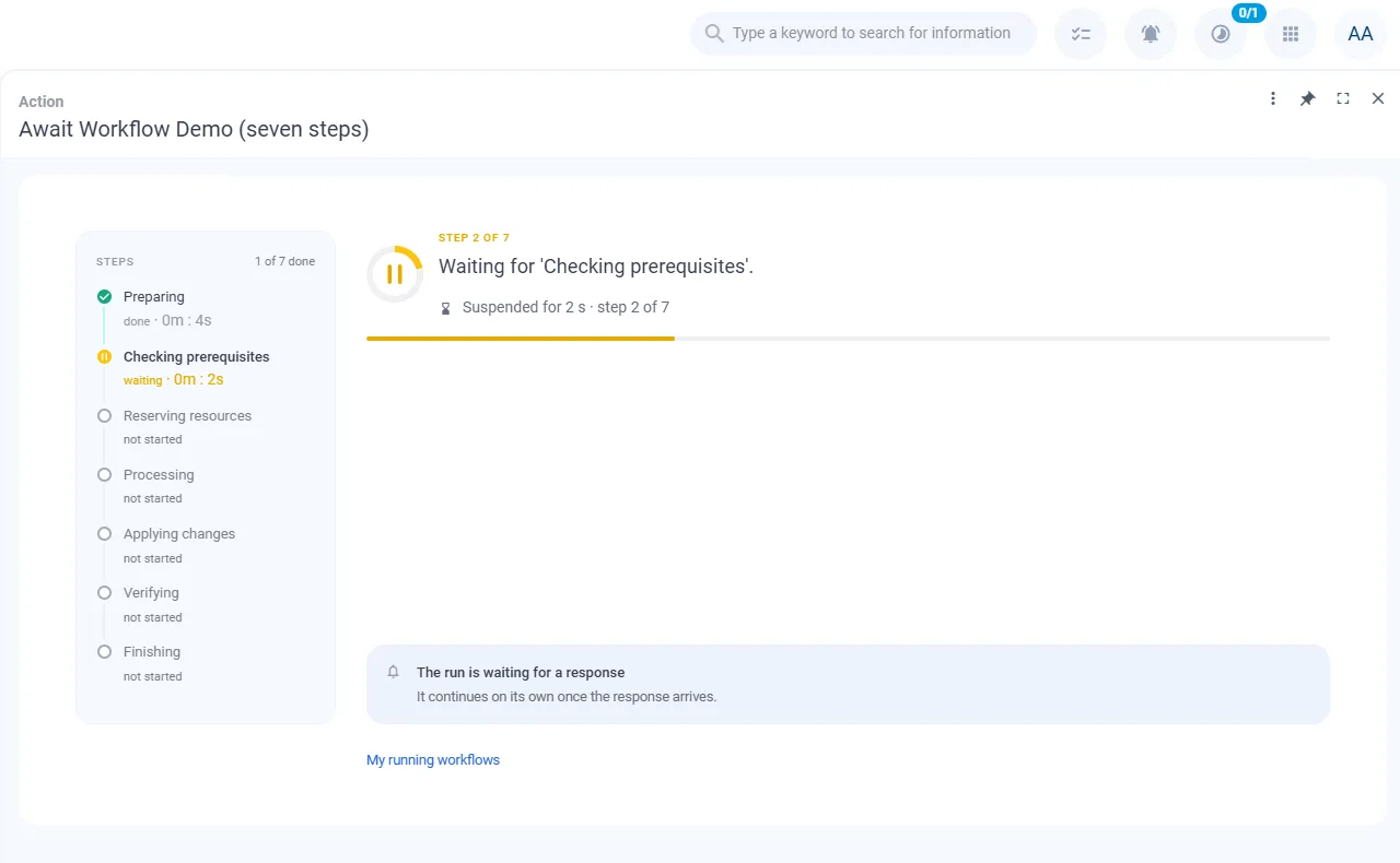 Wizard Workflow Tracker 2.0: Tracking-Fenster im geteilten Layout mit Schrittleiste (sieben Schritte), Statusring und aktuellem Schritt